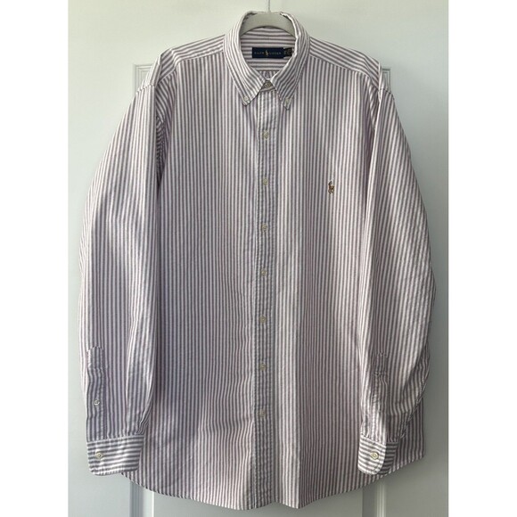Ralph Lauren Oxford Button Up Shirt Mens Sz XLT Purple White Stripe Flesh Pony - Picture 2 of 12